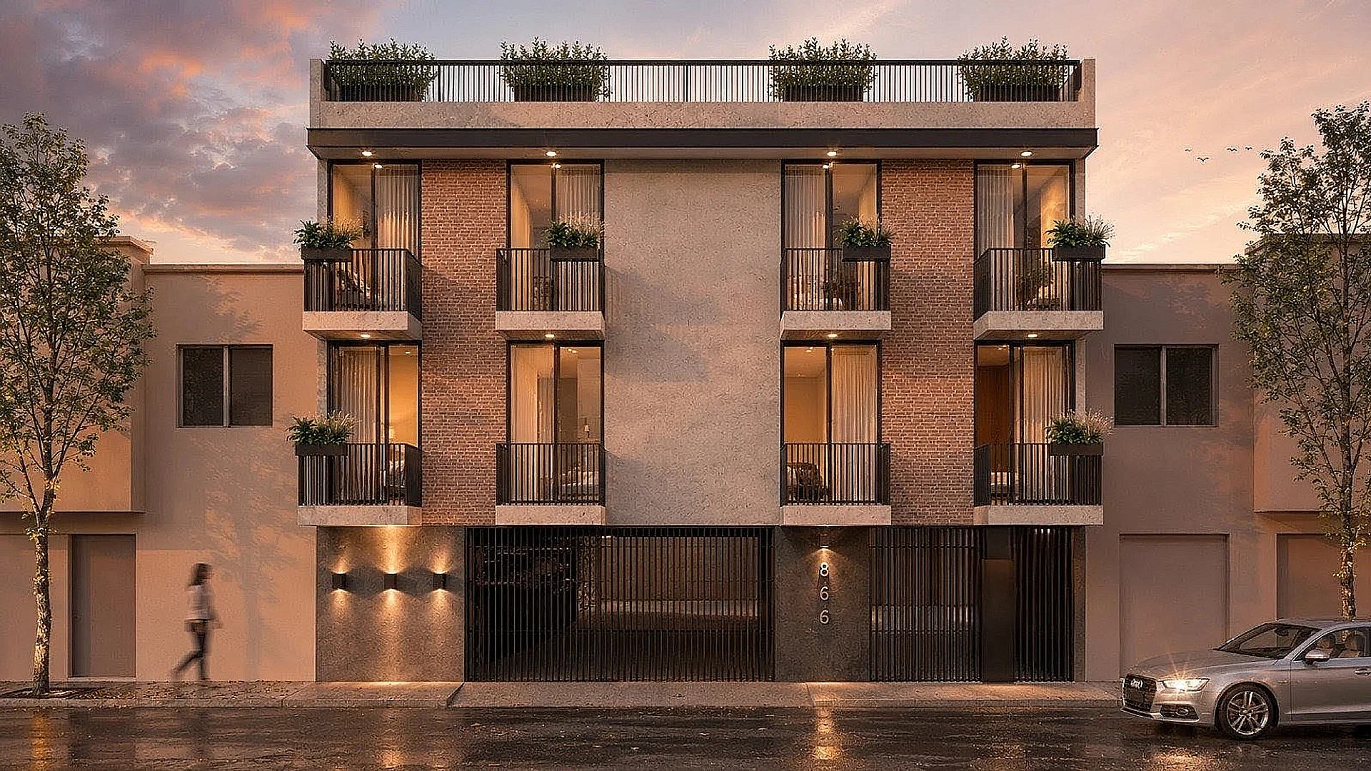 Torres Tadeo — fachada de noche